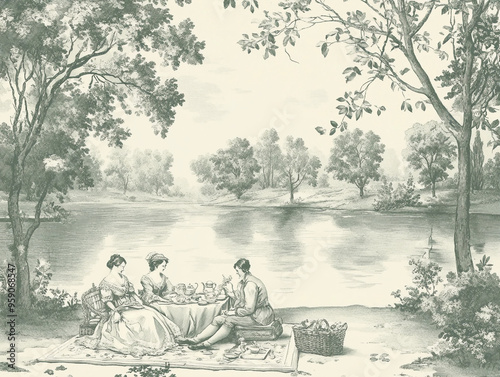 Pastoral picnic scene: A Toile-inspired design showing an elegant 19th-century picnic by a serene lake
