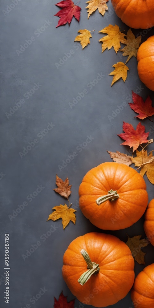 Right side border with thanksgiving still life made of pumpkins and dried fall leaves. Vertical top view flat lay composition with copy space at grey background. Harvest day or Halloween concept.