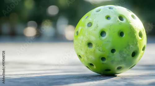 Green sphere with holes, textured surface, blurred background.