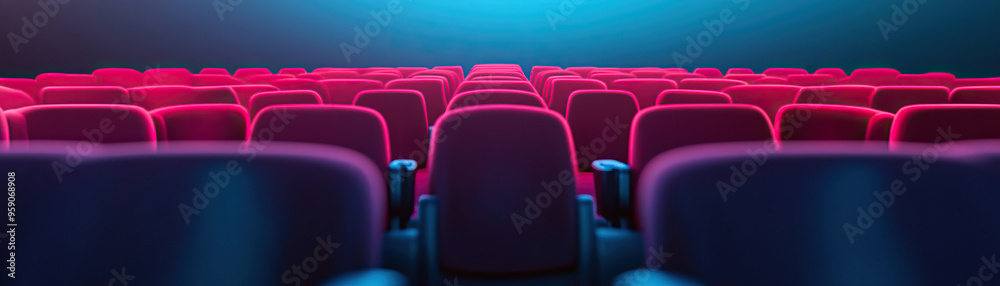 Obraz premium A scenic view of cinematic seating in a theater, showcasing plush chairs under vibrant lighting, ideal for movie-related themes.