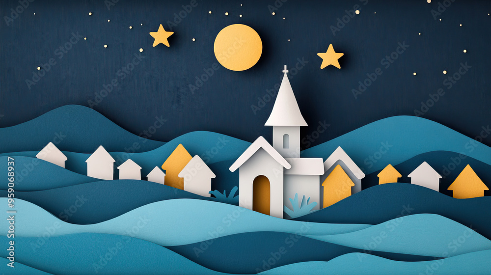 Fototapeta premium A serene paper-cut night landscape featuring a church, houses, and stars set against a dark background with waves, evoking peace and tranquility.