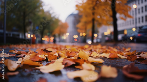 Autumn leaves scattered on a cobblestone path by the riverside at dusk