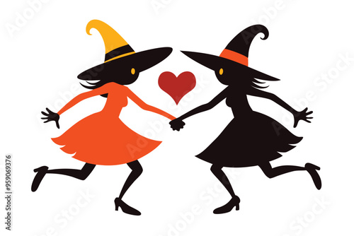 Halloween two witches dancing silhouette vector illustration