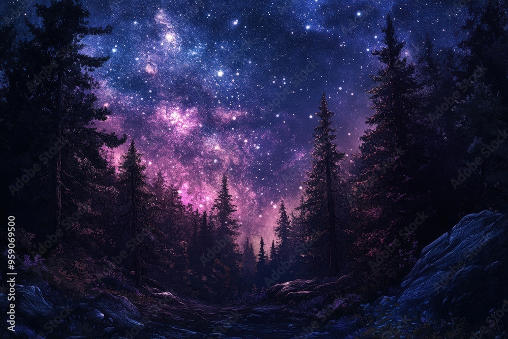 Silhouetted forest under a starry sky. Silhouetted forest under a starry sky.