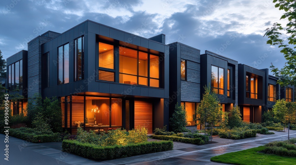 Modern Townhouses at Dusk with Warm Interior Lighting Modern Townhouses at Dusk with Warm Interior Lighting