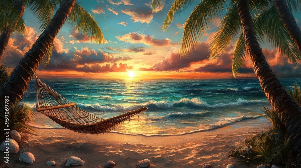 Fototapeta premium Palm trees, hammock, beach, ocean sunset.