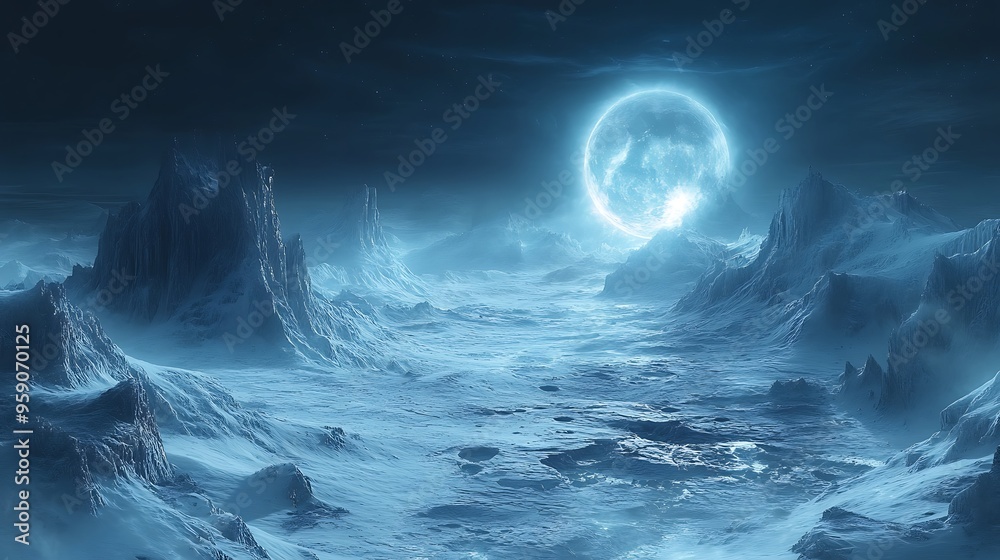A large, glowing moon illuminates a barren, icy landscape with jagged mountains. A large, glowing moon illuminates a barren, icy landscape with jagged mountains.