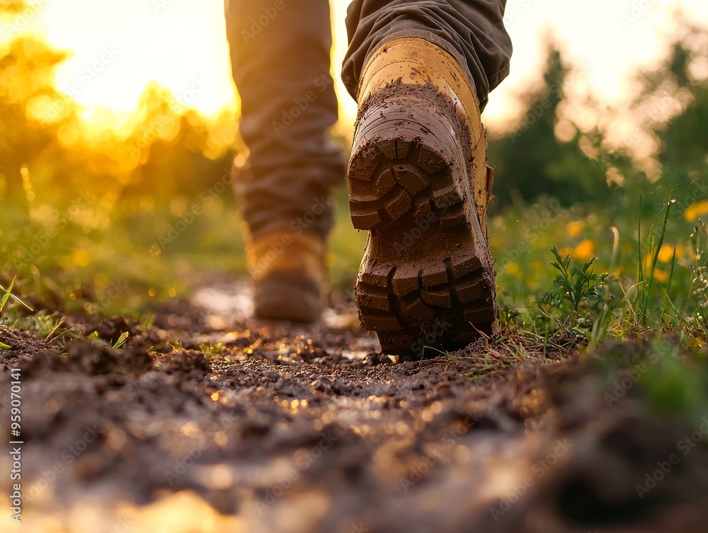 Closeup of muddy boots walking on a trail at sunset. Closeup of muddy boots walking on a trail at sunset.