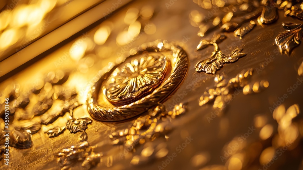 Close-up of ornate golden door handle with intricate details. Close-up of ornate golden door handle with intricate details.