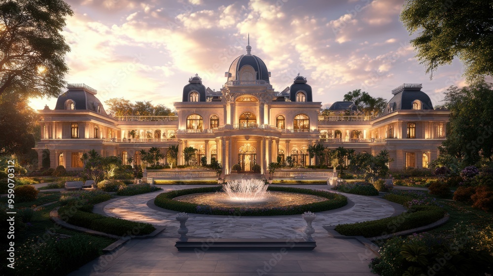 Obraz premium A grand mansion with a fountain and manicured gardens.
