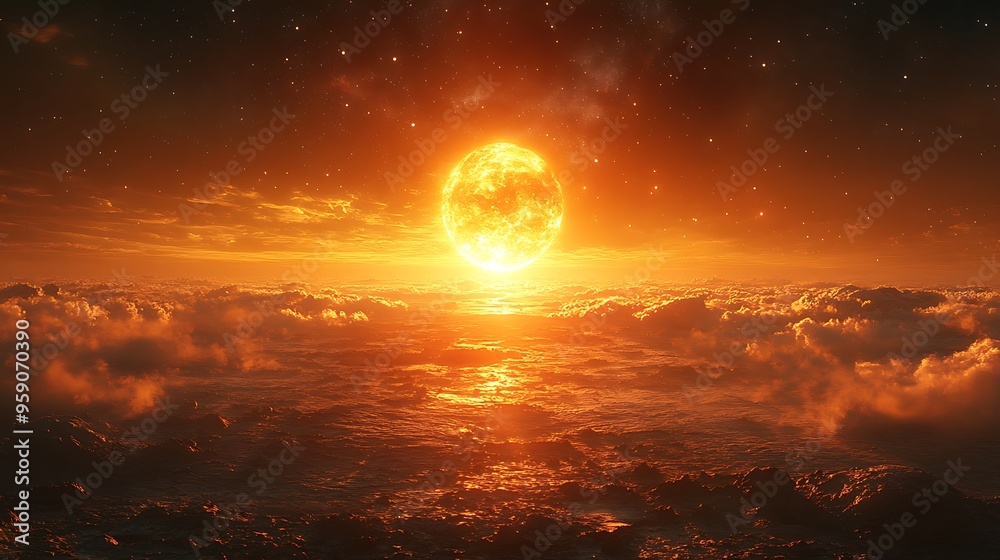 A large, fiery moon hangs above a sea of clouds at sunset. A large, fiery moon hangs above a sea of clouds at sunset.