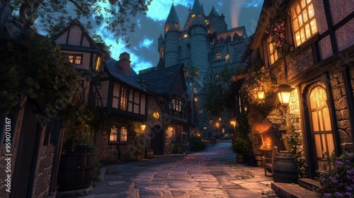 Cobblestone street with medieval buildings at dusk.
