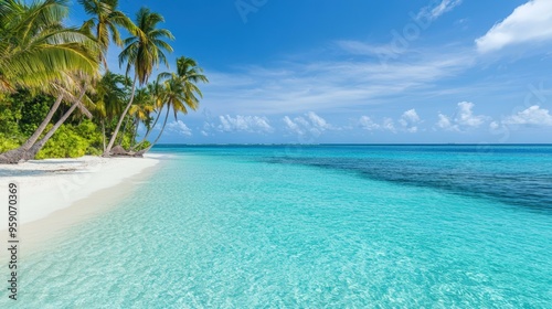 Tropical beach with palm trees and turquoise water.