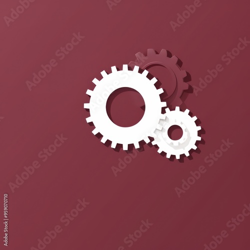 Three white gears on a Maroon background, laid flat, copy space concept for business technology and development in the abstract vector with copy space for photo text or product