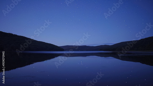 Starry night sky reflected in a calm lake surrounded by hills