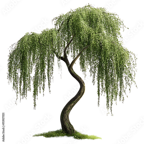 A graceful willow tree with long, drooping branches and soft, green leaves, creating a flowing and serene effect. on transparent background 