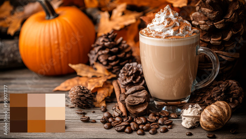 Pumpkin spice latte topped with whipped cream and cinnamon, fall-themed background