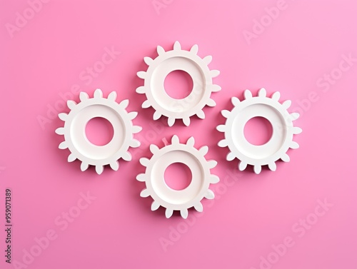 Three white gears on a Pink background, laid flat, copy space concept for business technology and development in the abstract vector with copy space 