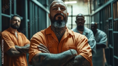 Defiant figures in orange jumpsuits in a dim prison corridor