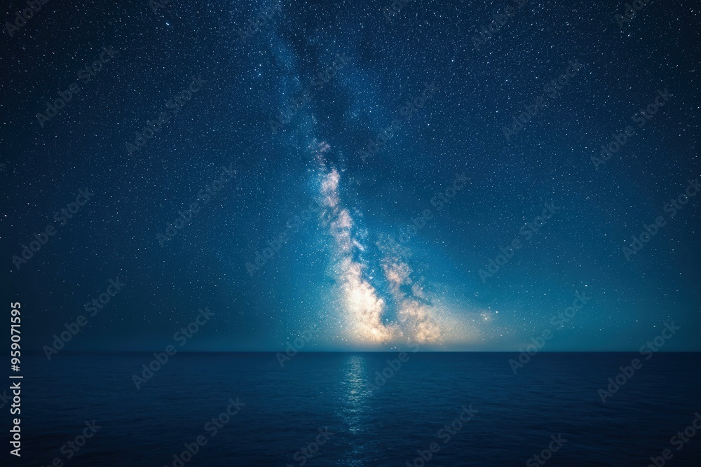 Milky Way over a vast, dark ocean.