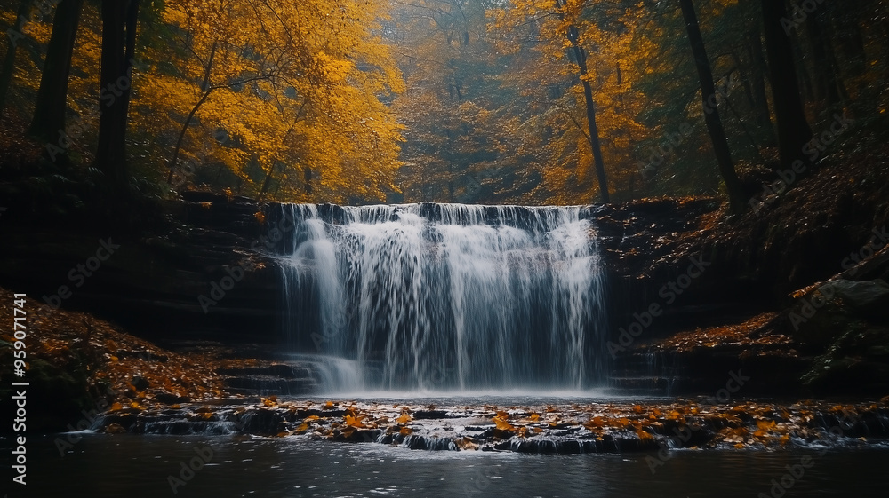 Beautiful medium size waterfall in forest, autumn season, wallpaper quality. Autumn cascade in a natural creek. Outdoor active lifestyle, hiking destination. Hiking tour during autumn. Fall colors. Be Beautiful medium size waterfall in forest, autumn season, wallpaper quality. Autumn cascade in a natural creek. Outdoor active lifestyle, hiking destination. Hiking tour during autumn. Fall colors. Be