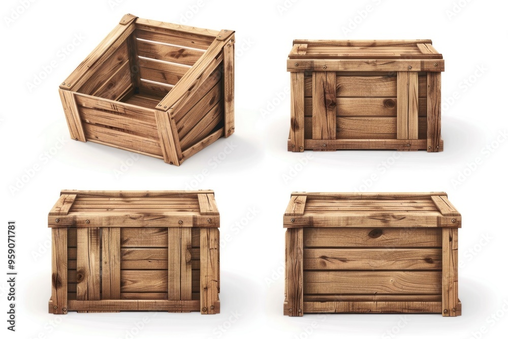 Four wooden crates sit on a white background Four wooden crates sit on a white background