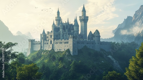 Wallpaper Mural A majestic stone castle atop a misty mountain. Torontodigital.ca