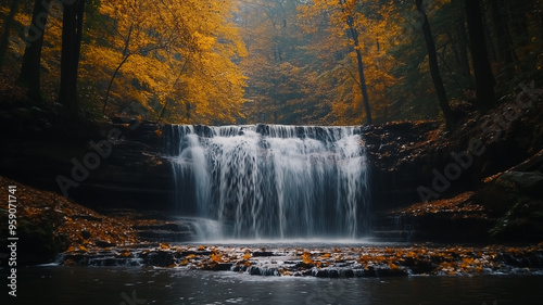 Beautiful medium size waterfall in forest, autumn season, wallpaper quality. Autumn cascade in a natural creek. Outdoor active lifestyle, hiking destination. Hiking tour during autumn. Fall colors. Be