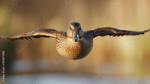 Flying duck captured in mid-air with wings spread over water