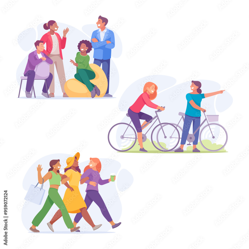 Fototapeta premium Good Company with Man and Woman Friend Sit with Gadget Give High Five Vector Illustration Set