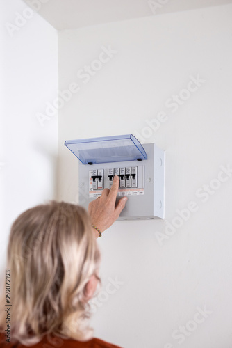 A man turns on a switch on an electrical panel in a room. Distributor Electricity photo