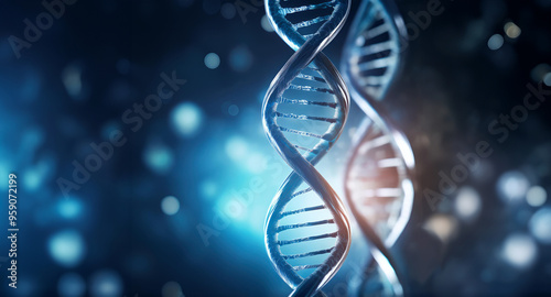 An artistic visualization of a DNA double helix structure in shades of blue, with intricate details of the twisted strands. The background is a gradient of darker to lighter blue, Generative AI