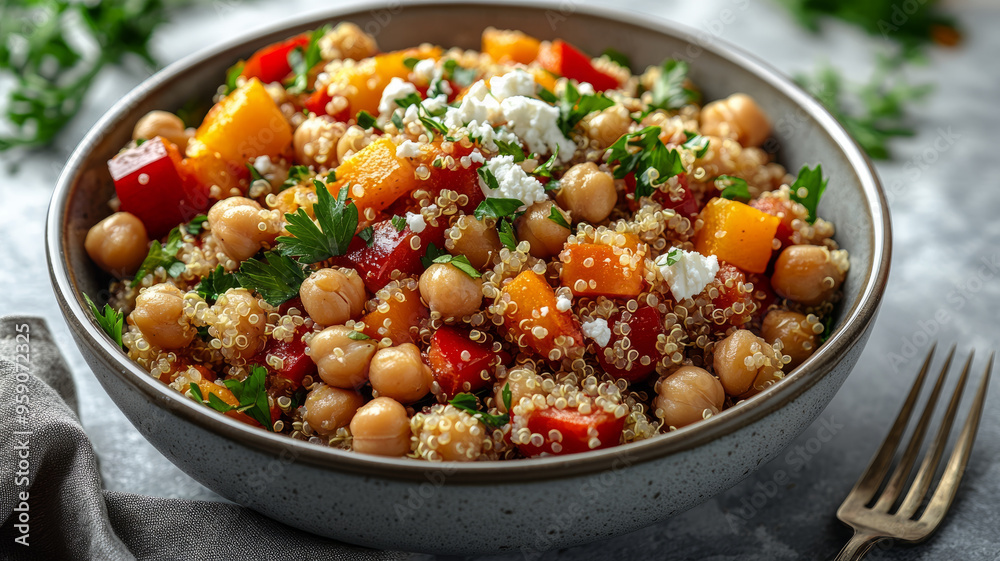 Bowl of quinoa salad with chickpeas, vegetables, and feta cheese.