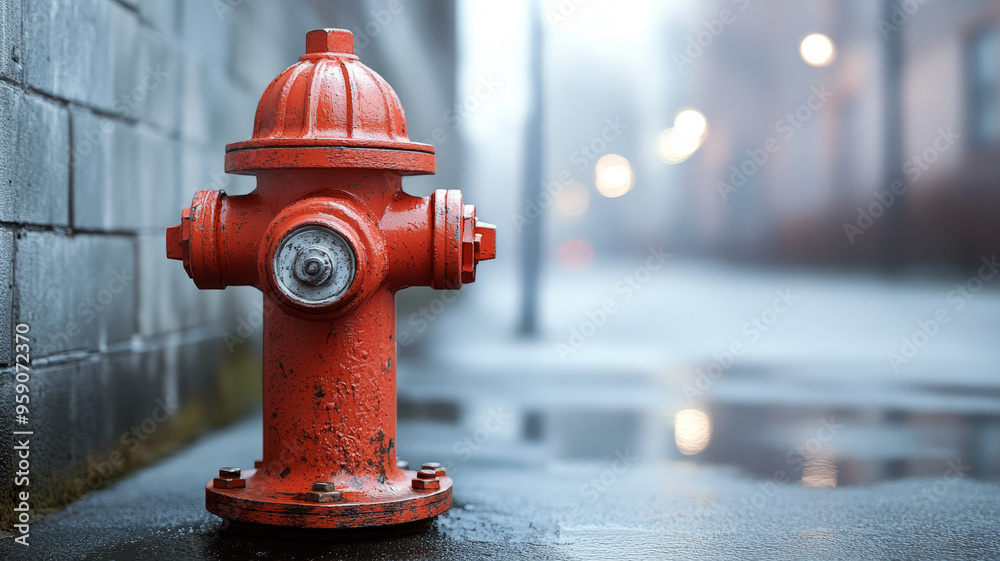 Red fire hydrant on a rainy urban street Red fire hydrant on a rainy urban street