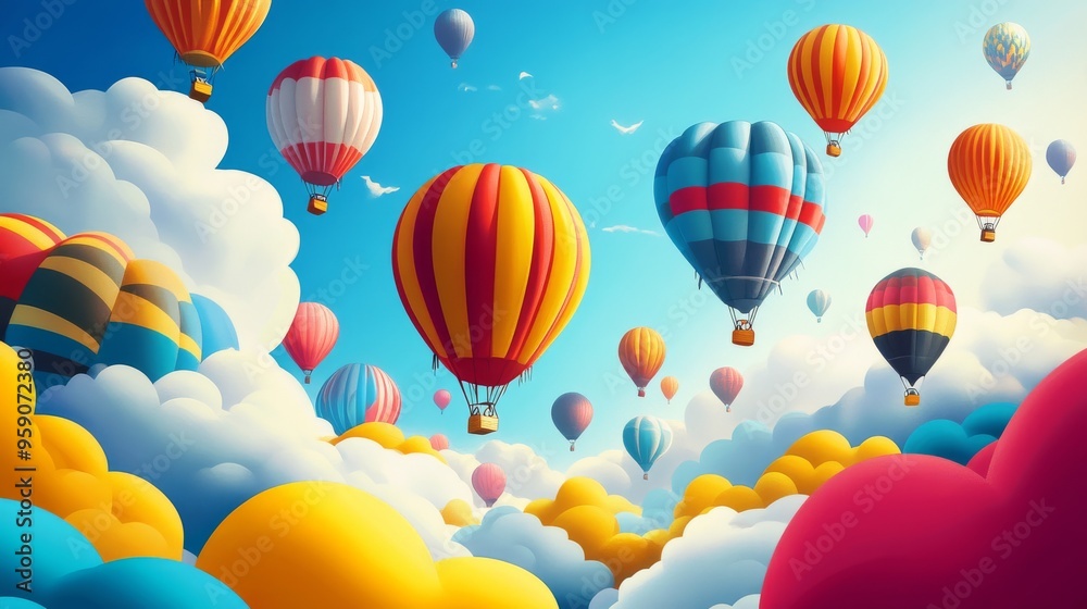 Fototapeta premium Colorful hot air balloons soar through a bright blue sky, surrounded by fluffy white and colorful clouds.