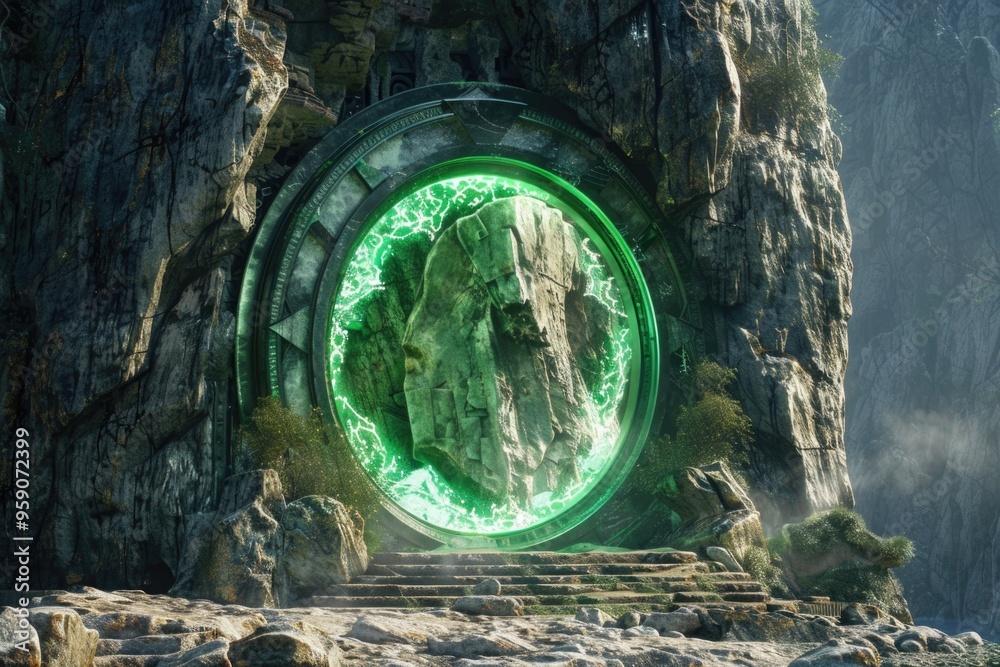 A person stands before a shimmering green portal, ready for a journey or adventure A person stands before a shimmering green portal, ready for a journey or adventure