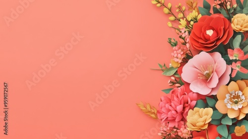 Colorful paper flowers arranged on a coral background, leaving space for text. photo