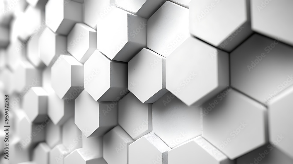 Abstract background with 3D hexagonal pattern, white and light gray, textured surface, honeycomb structure, geometric shapes. Abstract background with 3D hexagonal pattern, white and light gray, textured surface, honeycomb structure, geometric shapes.