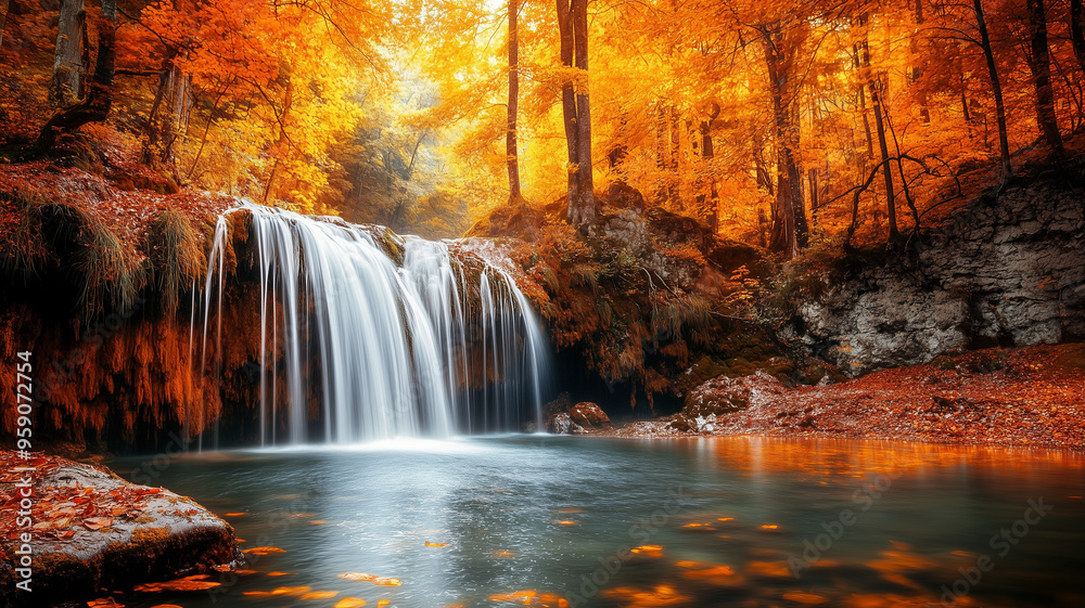 Beautiful medium size waterfall in forest, autumn season, wallpaper quality. Autumn cascade in a natural creek. Outdoor active lifestyle, hiking destination. Hiking tour during autumn. Fall colors. Be Beautiful medium size waterfall in forest, autumn season, wallpaper quality. Autumn cascade in a natural creek. Outdoor active lifestyle, hiking destination. Hiking tour during autumn. Fall colors. Be