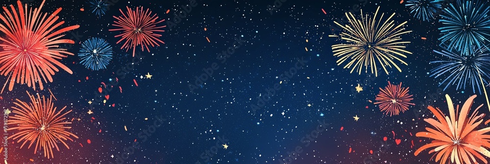 An array of vibrant fireworks bursts in various colors display against a deep, star-filled night sky, celebrating an exciting event with brilliance and cheer. An array of vibrant fireworks bursts in various colors display against a deep, star-filled night sky, celebrating an exciting event with brilliance and cheer.
