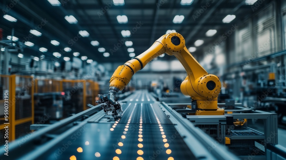 Automated robotic arm in high-tech industrial assembly line Automated robotic arm in high-tech industrial assembly line