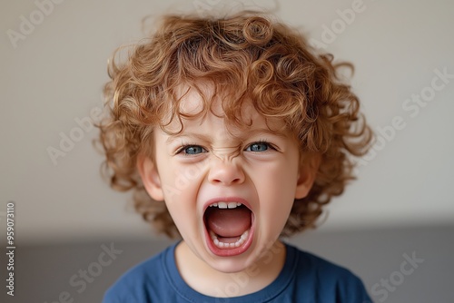 Boy shouting with mouth wide open in excitement, representing children's emotions, suitable for emotional expression studies and psychological research photo