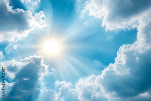 A serene blue sky, brilliantly illuminated by the sunlight breaking through fluffy and white clouds, creates a truly peaceful atmosphere that invites deep appreciation and admiration from onlookers