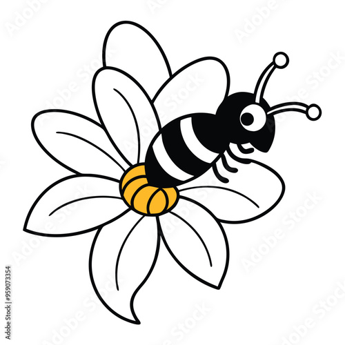 a flying colorful Bee sitting on flower, Vector Art illustration, vector silhouette, isolated white background 