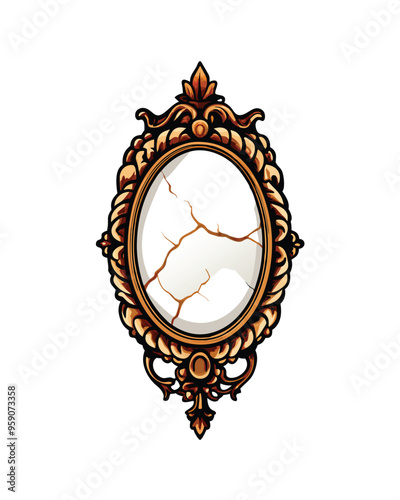 Editable stroke vector illustration of an antique, oval mirror with a cracked glass surface, featuring a decorative, ornate frame in gold and brown tones.