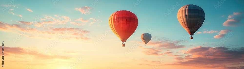 Naklejka premium Colorful hot air balloons soaring across a vibrant sky during sunset, creating a serene and picturesque atmosphere.