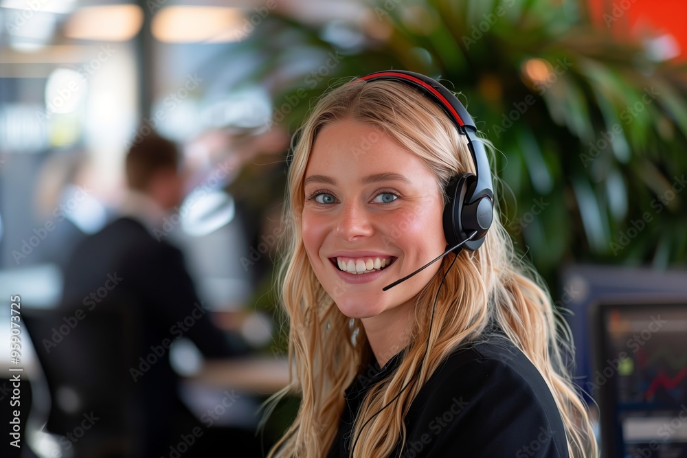 Cheerful Customer Support Professional Wearing a Headset in a Corporate Office Cheerful Customer Support Professional Wearing a Headset in a Corporate Office
