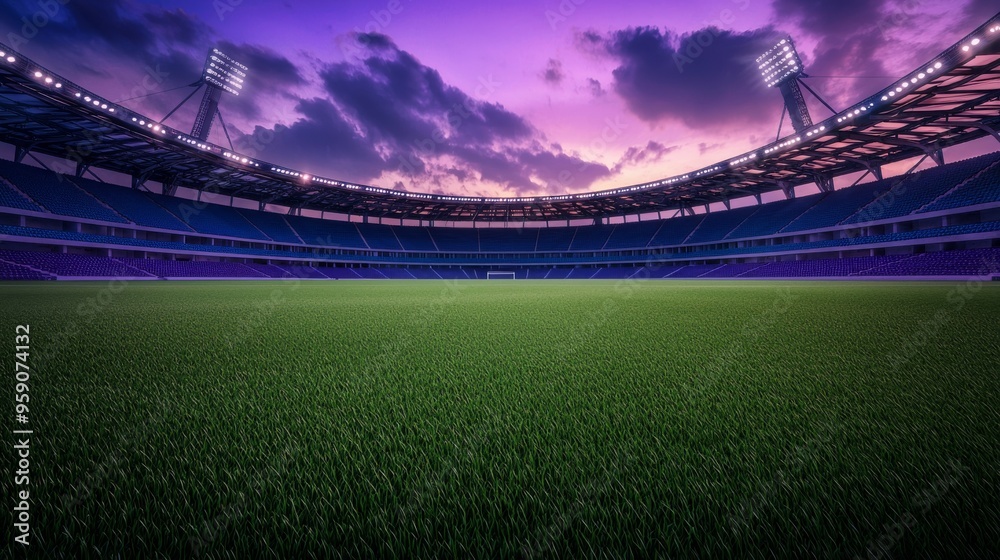 Empty football stadium with green grass and a dramatic purple sunset sky.