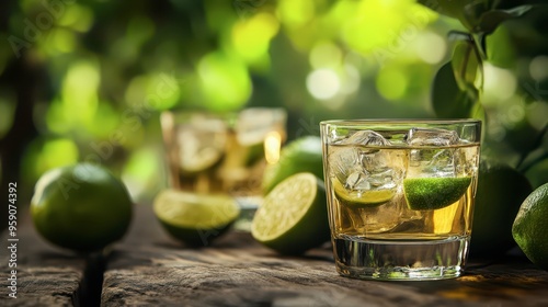 Refreshing cocktails with lime and ice amidst lush greenery in sunlight