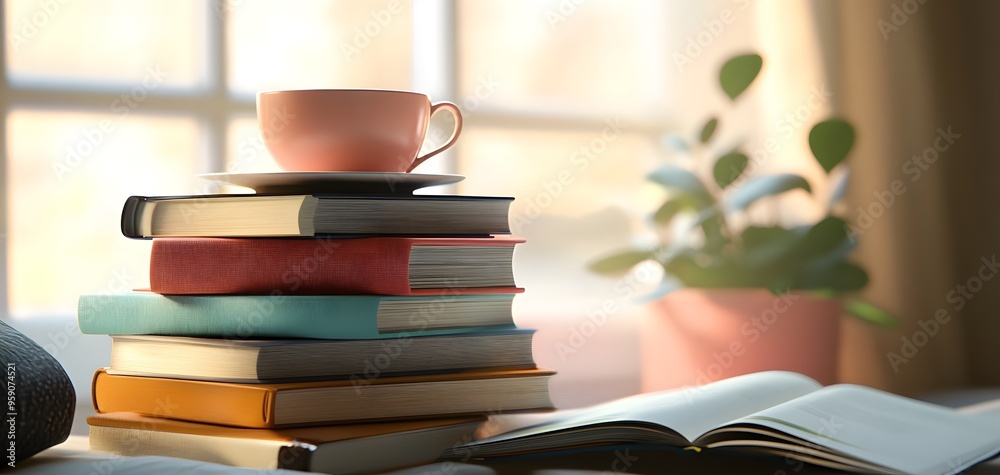 A cozy scene featuring a stack of colorful books, a pink cup, and a plant, perfect for a relaxing reading atmosphere. A cozy scene featuring a stack of colorful books, a pink cup, and a plant, perfect for a relaxing reading atmosphere.